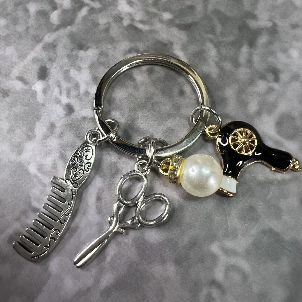 Hair Stylist Keychain - Scissor Comb Pearl & Blow Dryer Charms - Barber Gift
